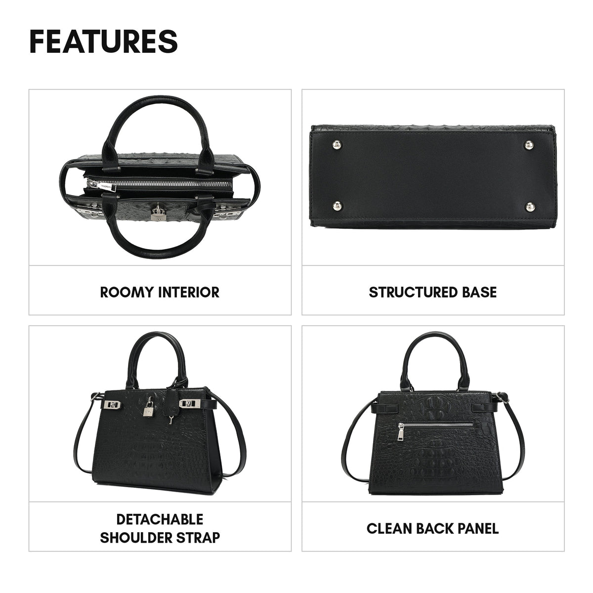 Empress Mini Tote in Black - features: roomy interior, structured base, detachable shoulder strap, clean back panel