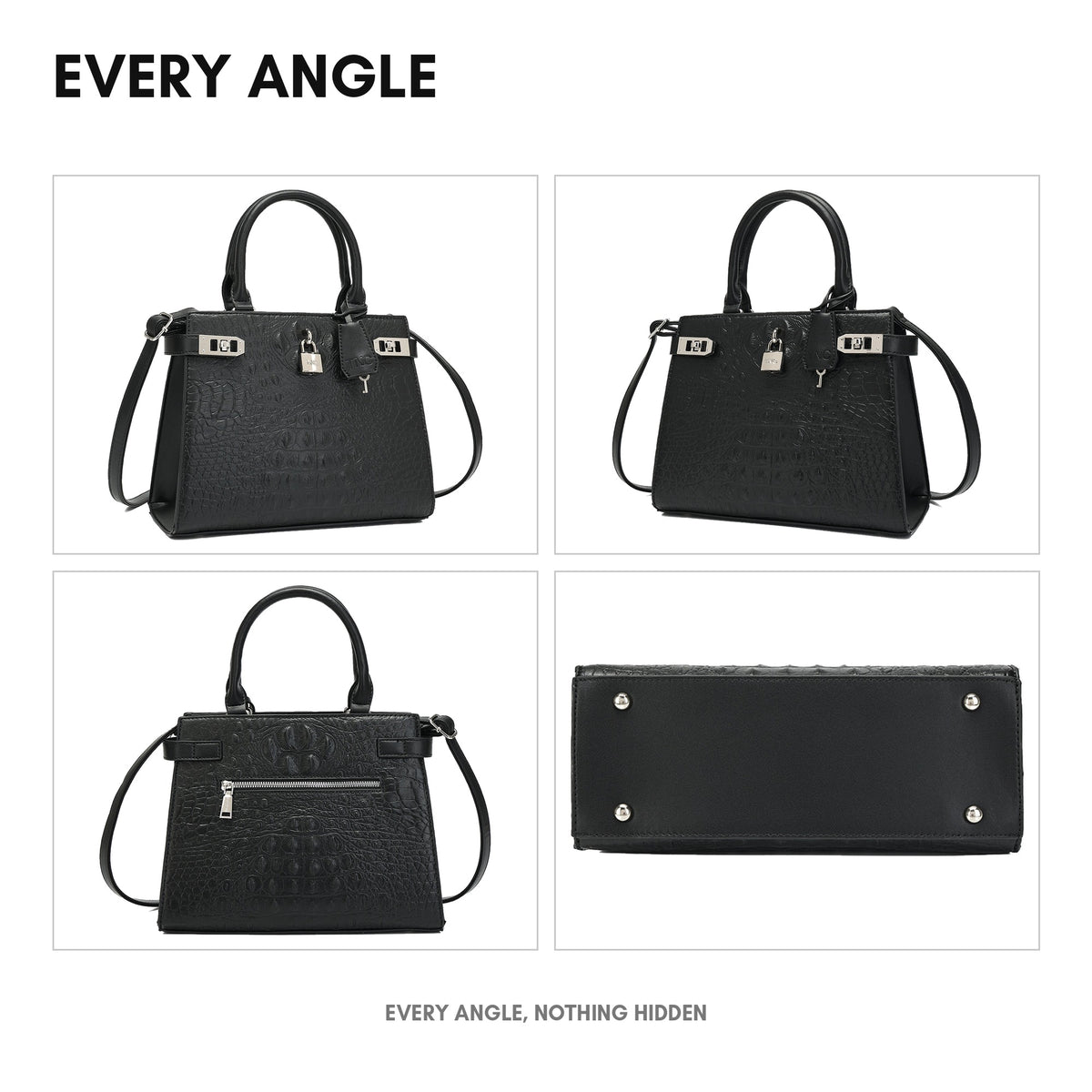 Empress Mini Tote in Black - every angle: front, side, back and interior