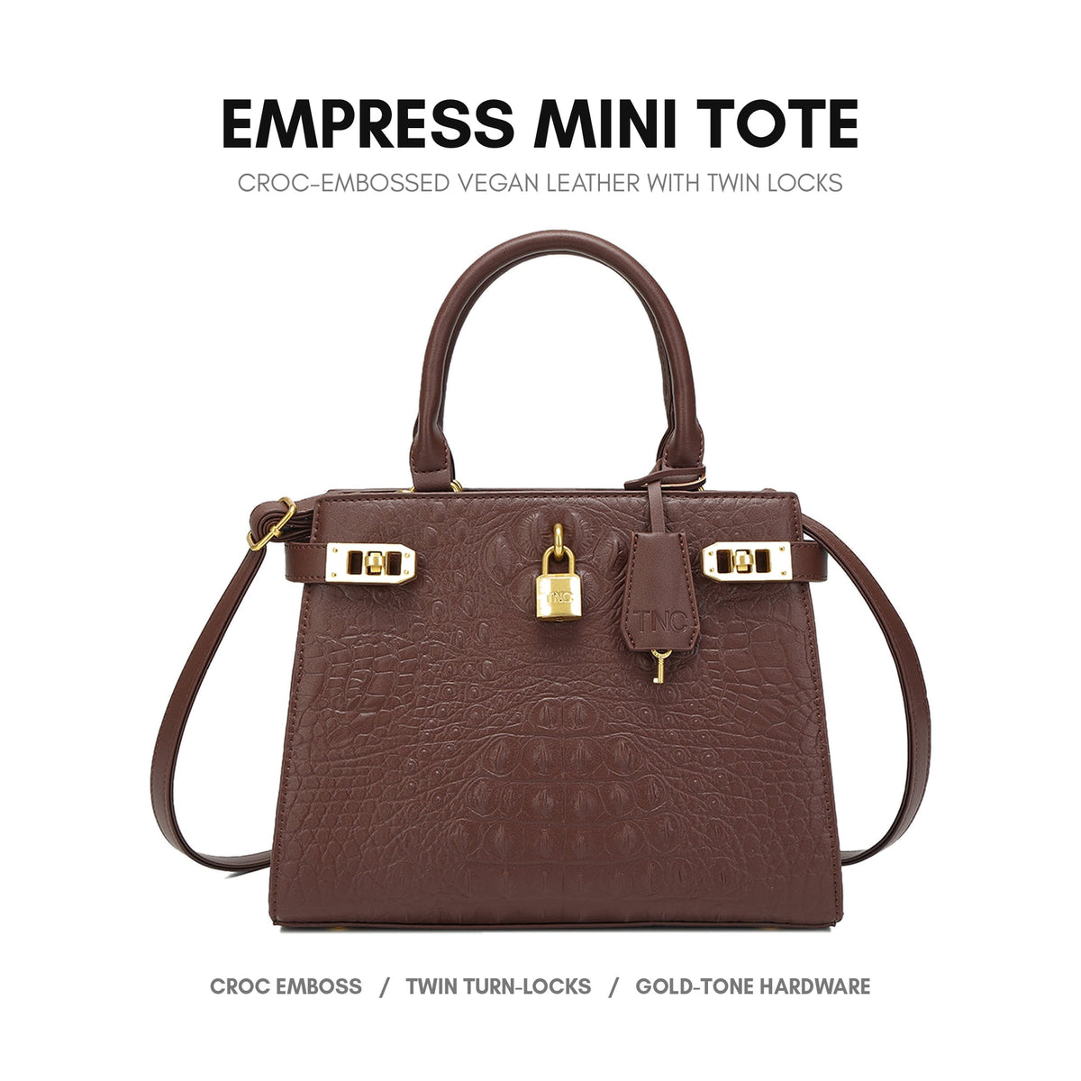Empress Mini Tote in Brown - croc-embossed vegan leather with twin locks