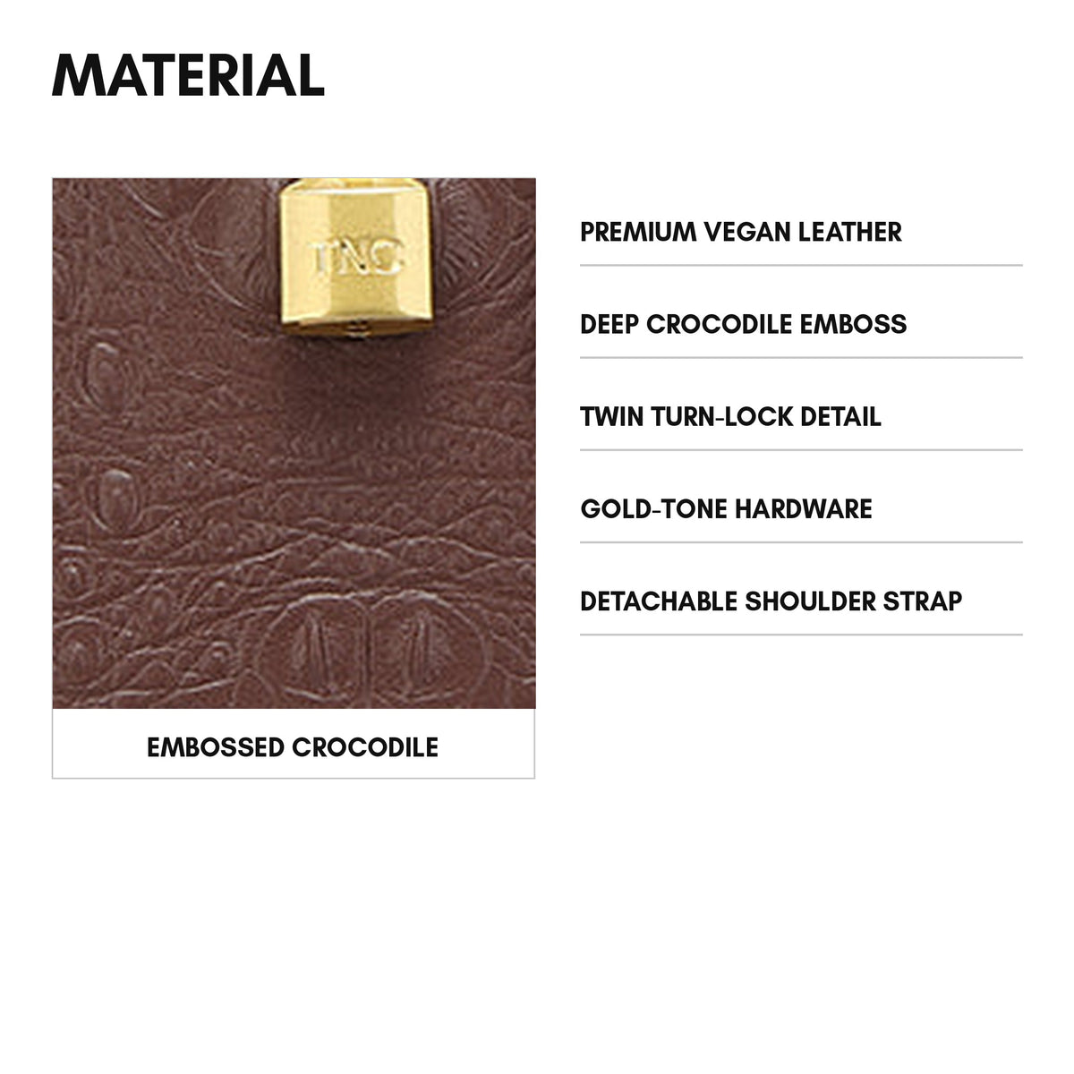 Empress Mini Tote in Brown - material and specs: premium vegan leather, deep crocodile emboss, twin turn-lock detail, gold-tone hardware, detachable shoulder strap