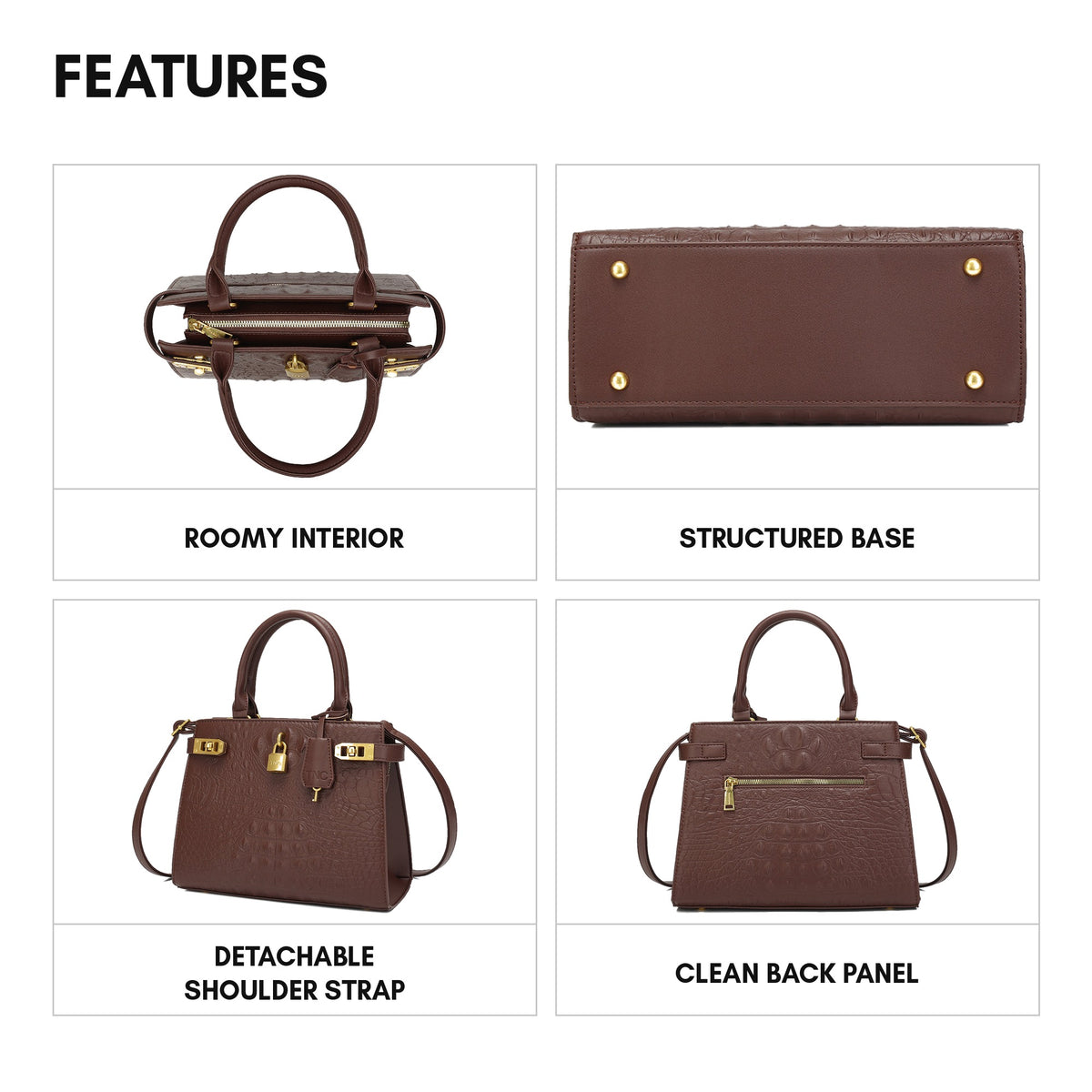 Empress Mini Tote in Brown - features: roomy interior, structured base, detachable shoulder strap, clean back panel