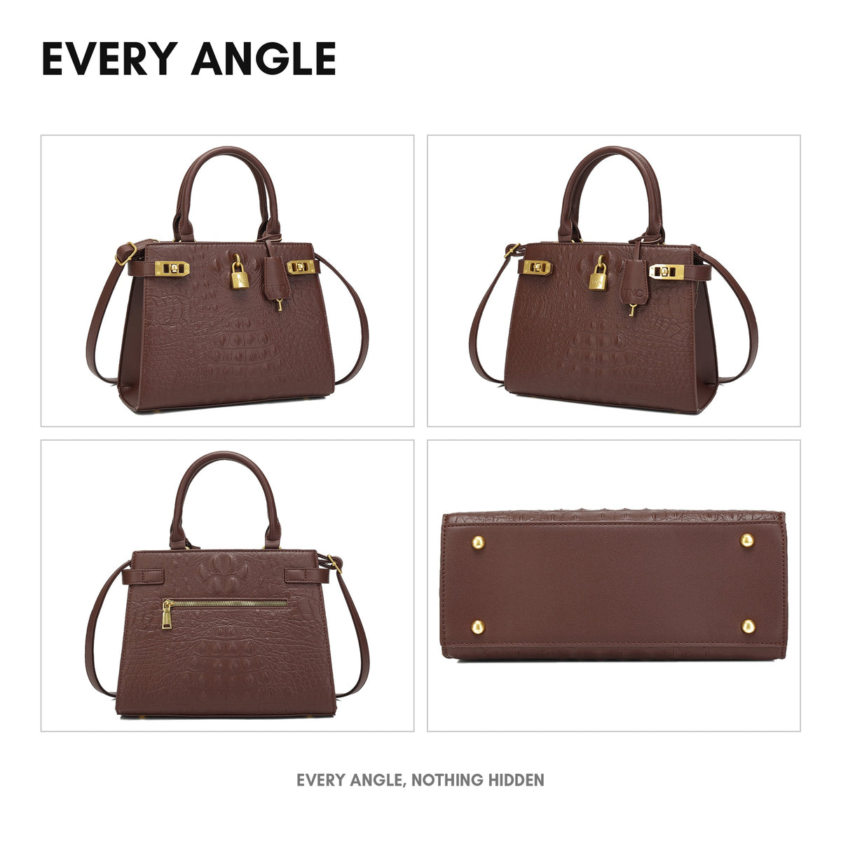 Empress Mini Tote in Brown - every angle: front, side, back and interior