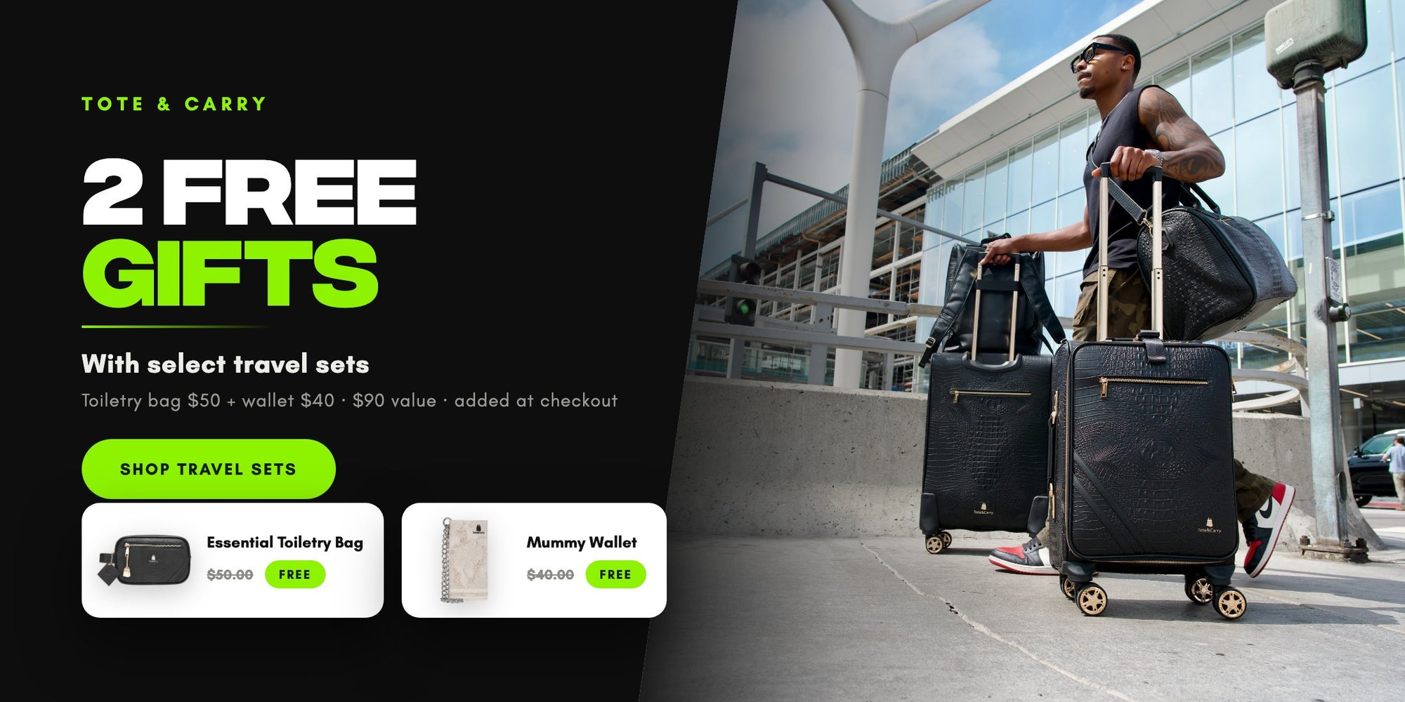 2 free gifts with select travel sets — toiletry bag and wallet, $90 value