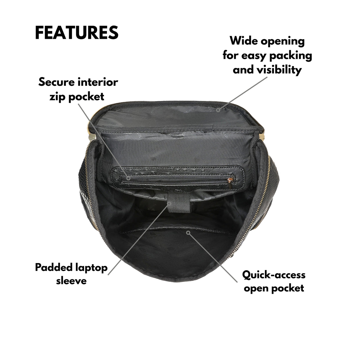 Tote&Carry Journey Multi-Pocket Backpack in Black — interior features, secure zip pocket, padded laptop sleeve, wide opening and quick-access open pocket