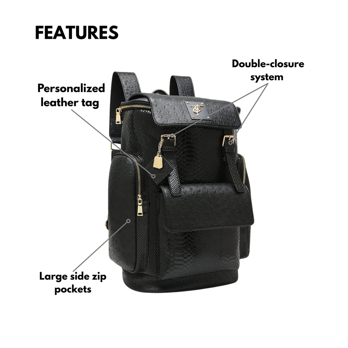 Tote&Carry Journey Multi-Pocket Backpack in Black — exterior features, personalized leather tag, double-closure system and large side zip pockets