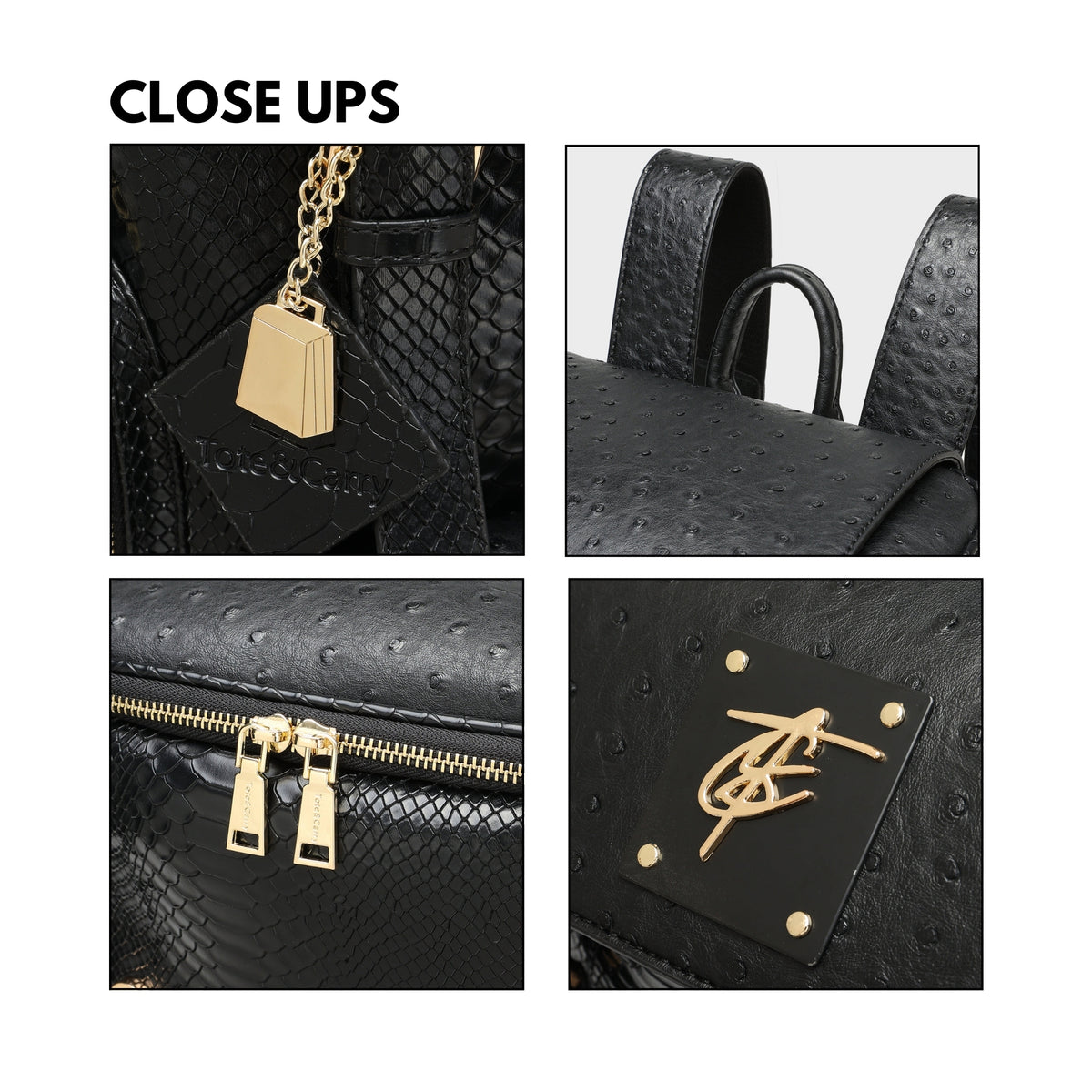 Tote&Carry Journey Multi-Pocket Backpack in Black — close up details, texture, hardware and logo plate