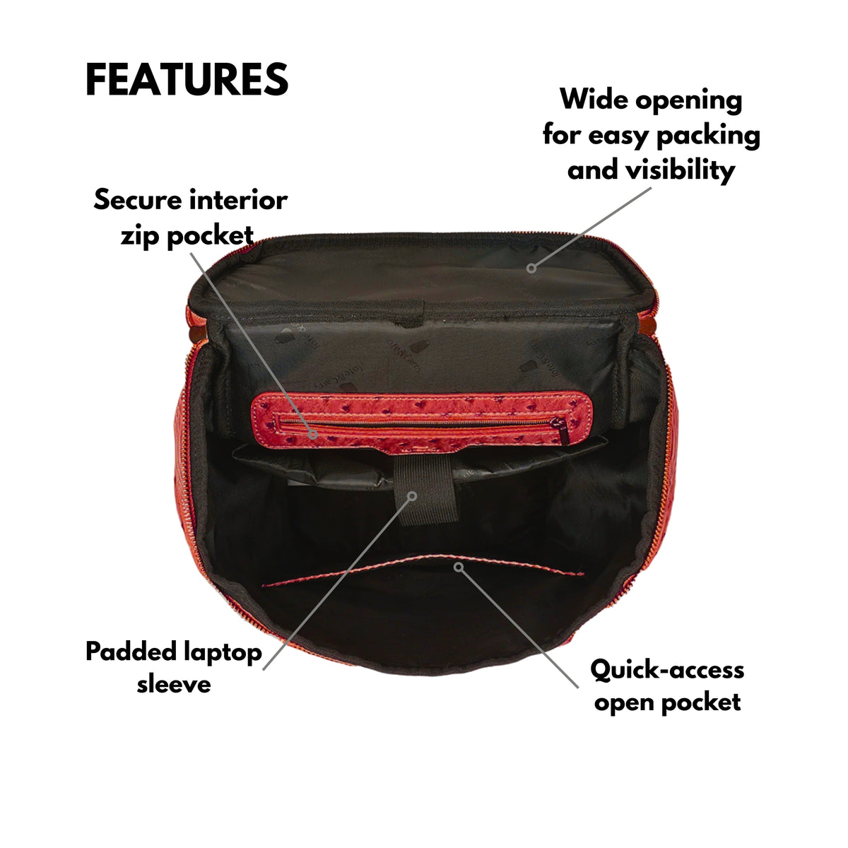 Tote&Carry Journey Multi-Pocket Backpack in Black & Red — interior features, secure zip pocket, padded laptop sleeve, wide opening and quick-access open pocket