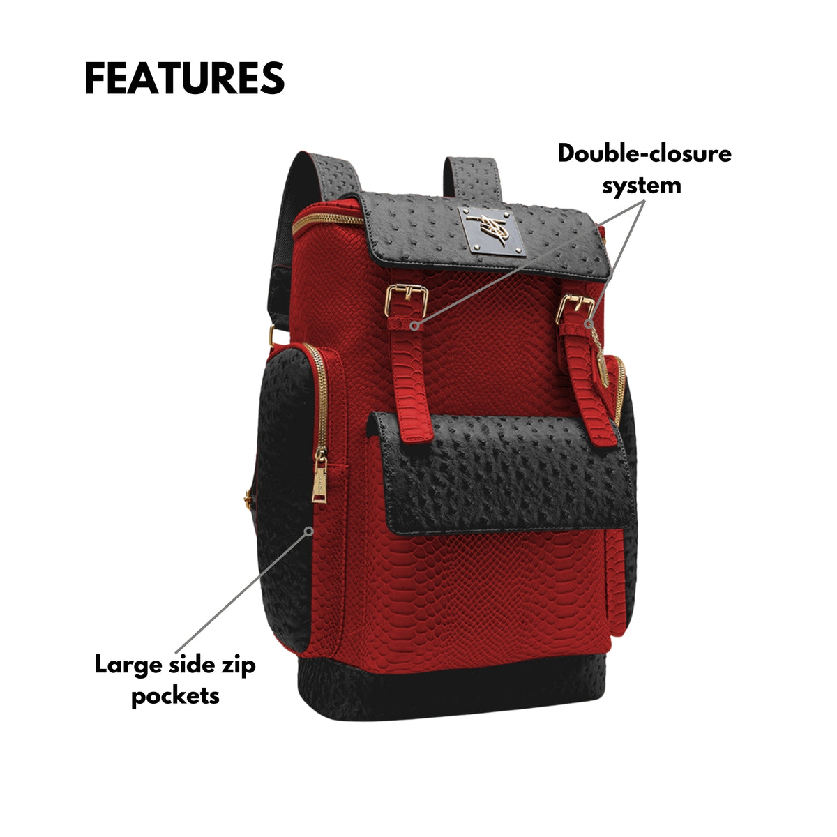 Tote&Carry Journey Multi-Pocket Backpack in Black & Red — exterior features, personalized leather tag, double-closure system and large side zip pockets