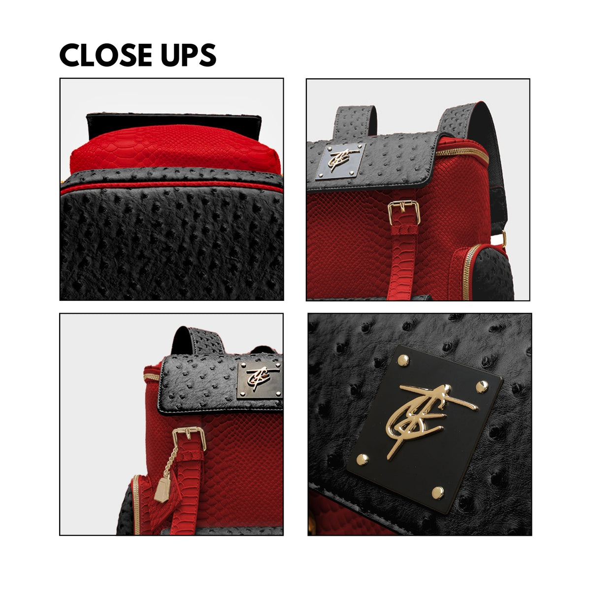 Tote&Carry Journey Multi-Pocket Backpack in Black & Red — close up details, texture, hardware and logo plate