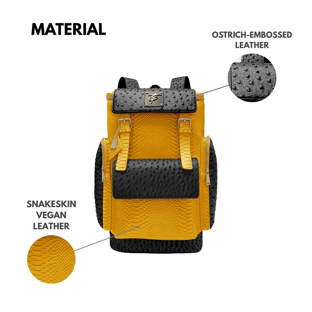 Tote&Carry Journey Multi-Pocket Backpack in Black & Yellow — ostrich-embossed and snakeskin vegan leather material detail