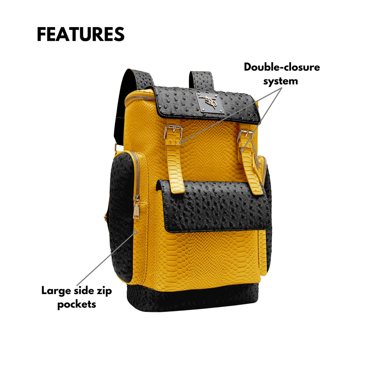 Tote&Carry Journey Multi-Pocket Backpack in Black & Yellow — exterior features, personalized leather tag, double-closure system and large side zip pockets