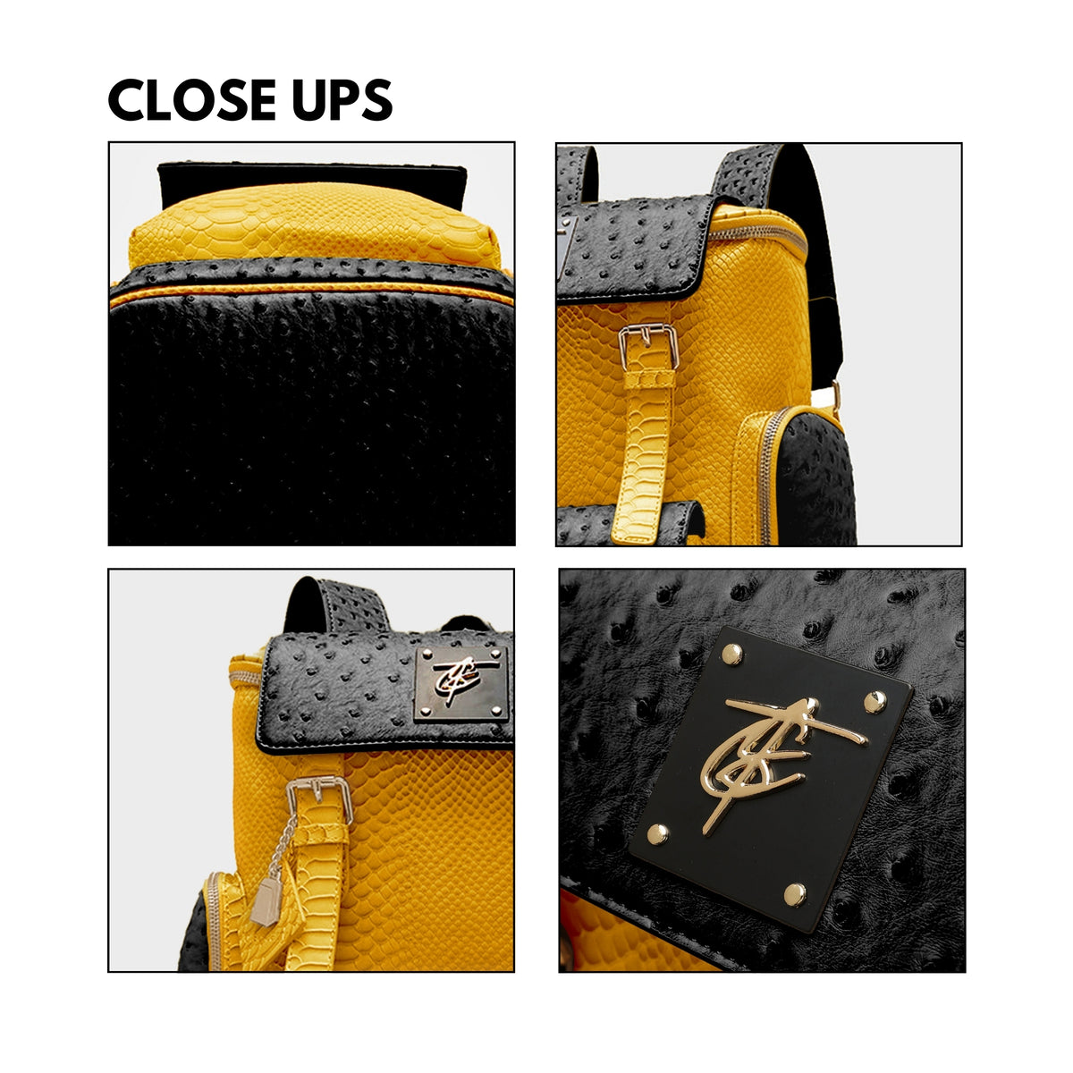 Tote&Carry Journey Multi-Pocket Backpack in Black & Yellow — close up details, texture, hardware and logo plate