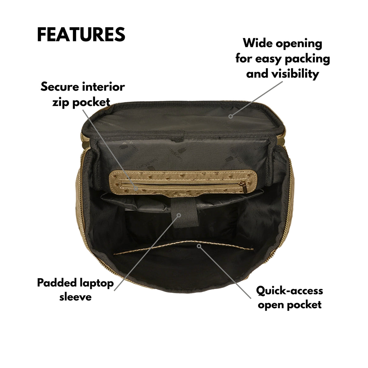 Tote&Carry Journey Multi-Pocket Backpack in Brown — interior features, secure zip pocket, padded laptop sleeve, wide opening and quick-access open pocket