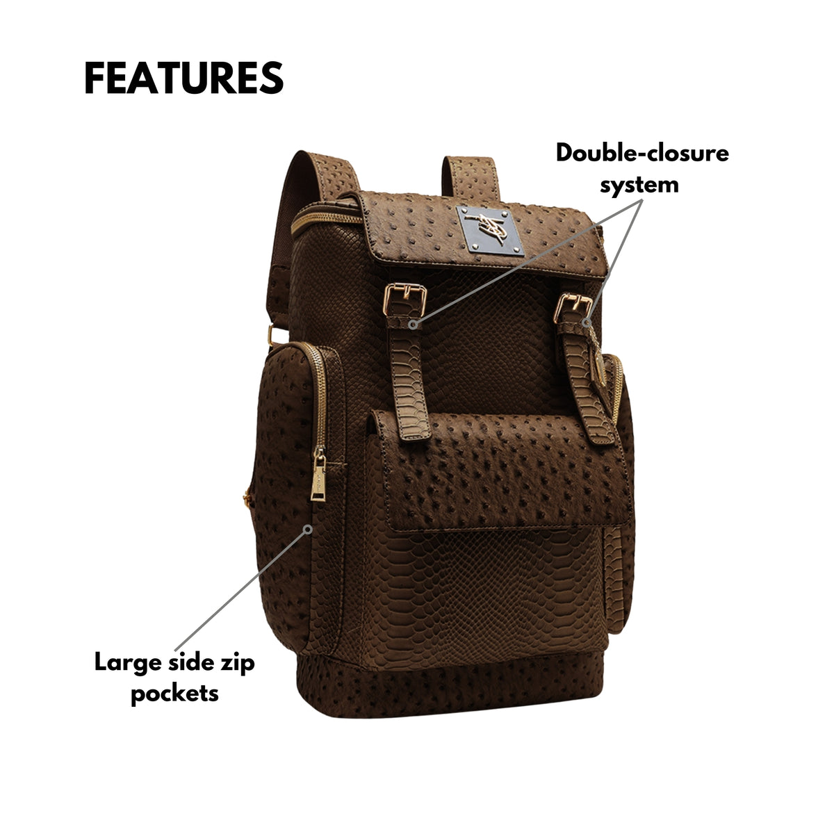 Tote&Carry Journey Multi-Pocket Backpack in Brown — exterior features, personalized leather tag, double-closure system and large side zip pockets