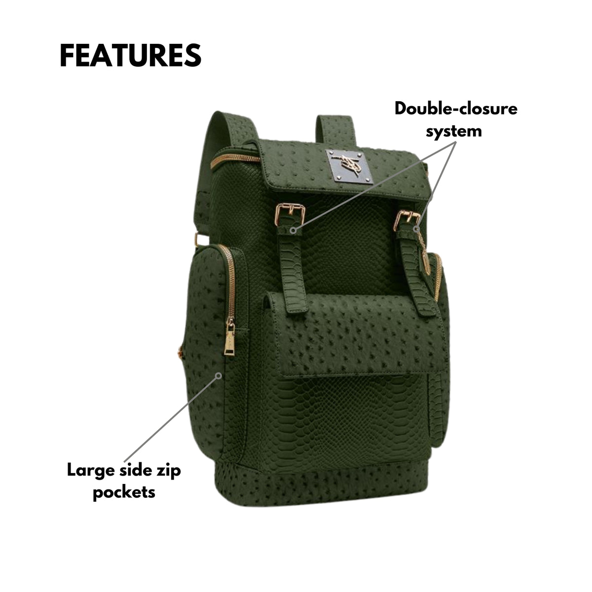 Tote&Carry Journey Multi-Pocket Backpack in Olive — exterior features, personalized leather tag, double-closure system and large side zip pockets