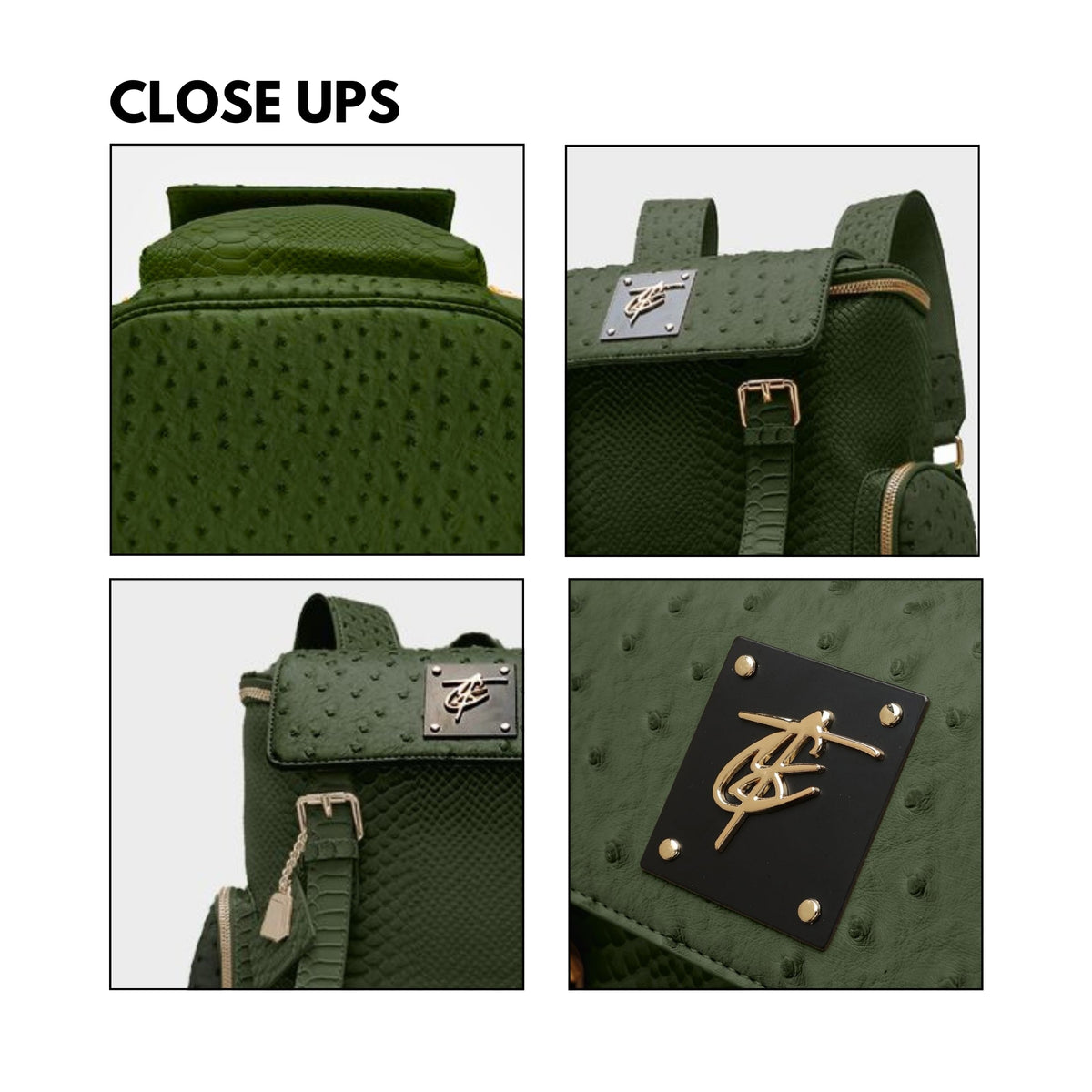 Tote&Carry Journey Multi-Pocket Backpack in Olive — close up details, texture, hardware and logo plate