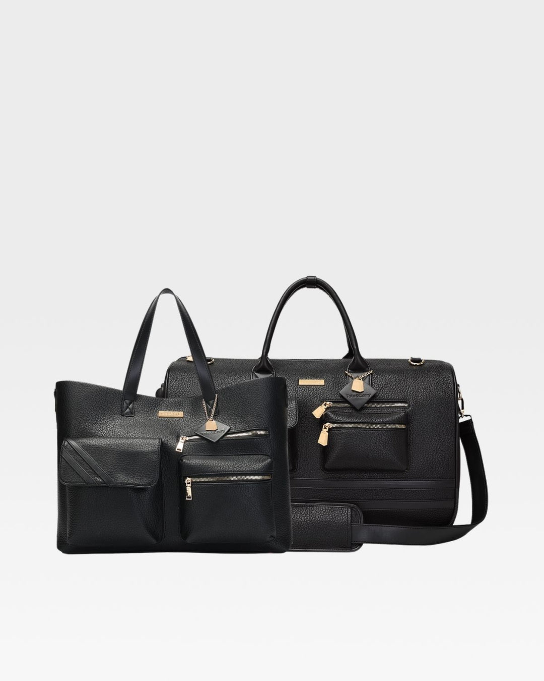Leather Carry-All Tote Bag & Rolling Duffle Duo in Black