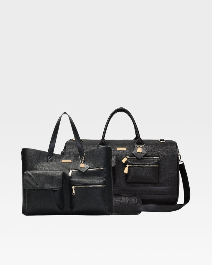 Leather Carry-All Tote Bag & Rolling Duffle Duo in Black