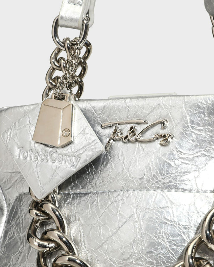 Leather Mini Tote Bag in Silver