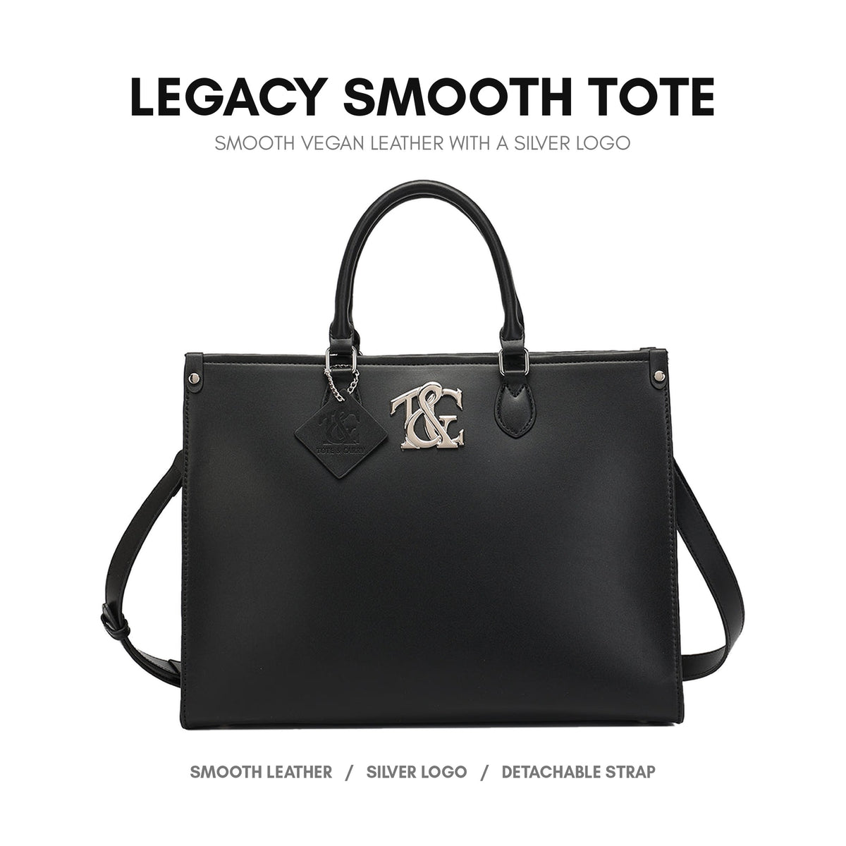 Legacy Smooth Tote in Black - smooth vegan leather with a silver logo