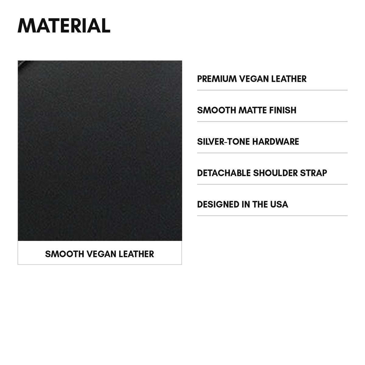 Legacy Smooth Tote in Black - material and specs: premium vegan leather, smooth matte finish, silver-tone hardware, detachable shoulder strap, designed in the usa
