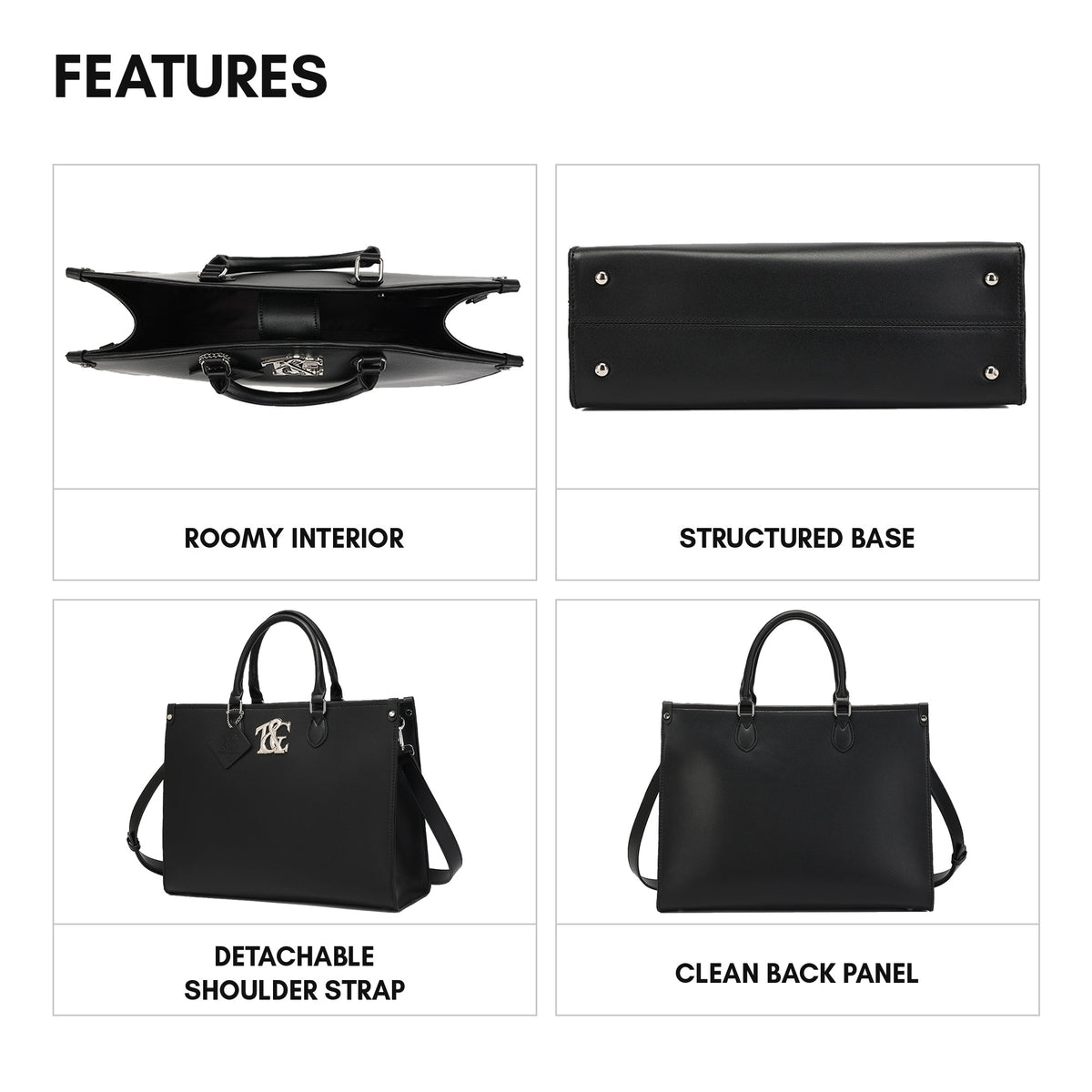 Legacy Smooth Tote in Black - features: roomy interior, structured base, detachable shoulder strap, clean back panel