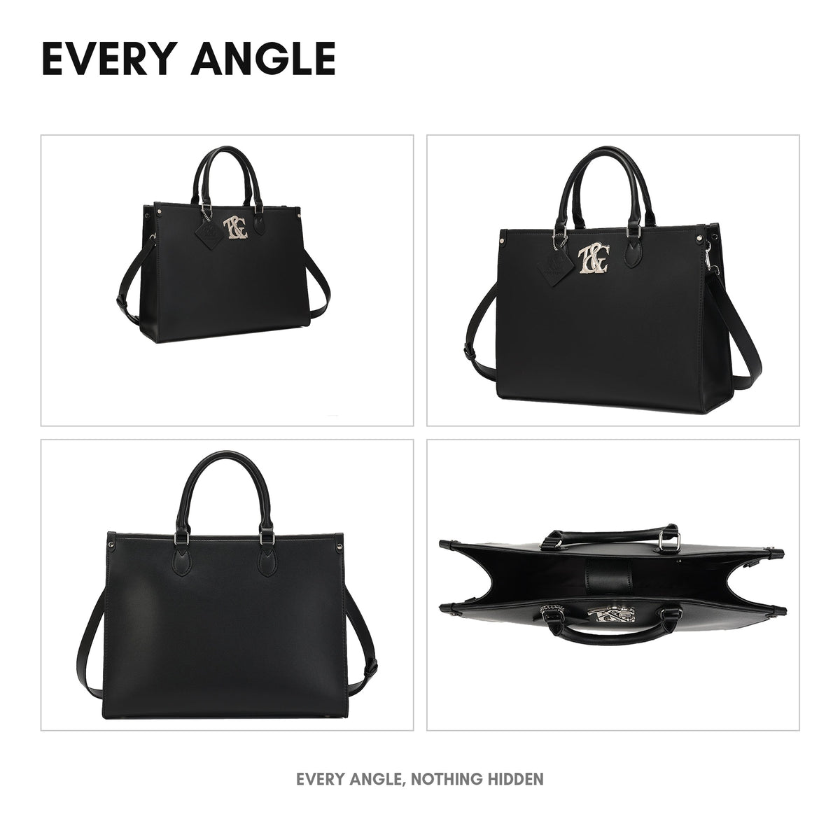 Legacy Smooth Tote in Black - every angle: front, side, back and interior