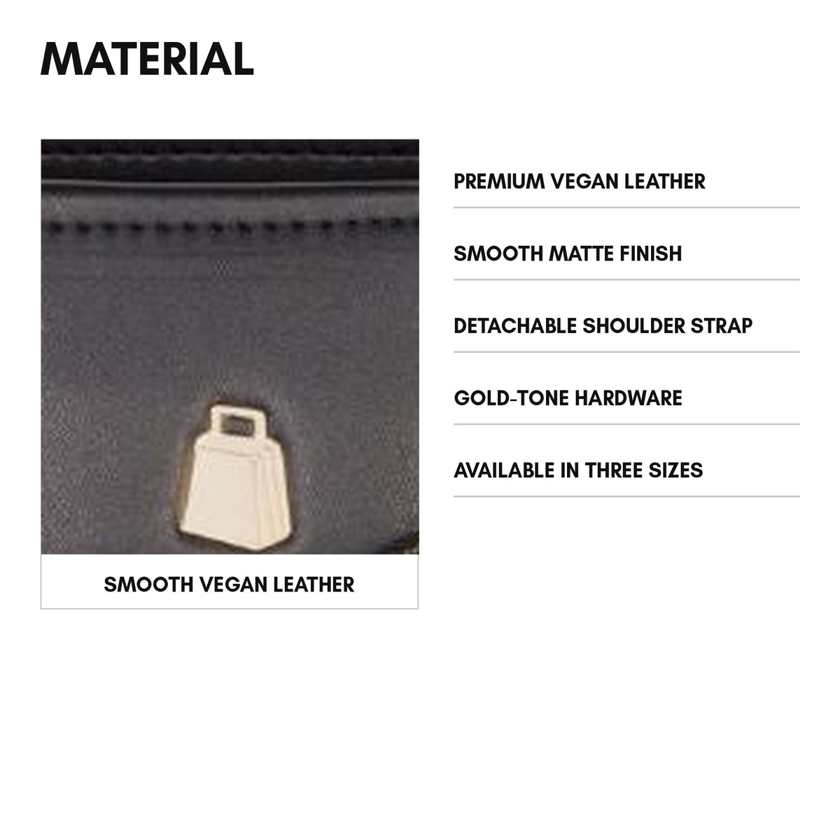 Lisse Mini Tote in Black - material and specs: premium vegan leather, smooth matte finish, detachable shoulder strap, gold-tone hardware, available in three sizes
