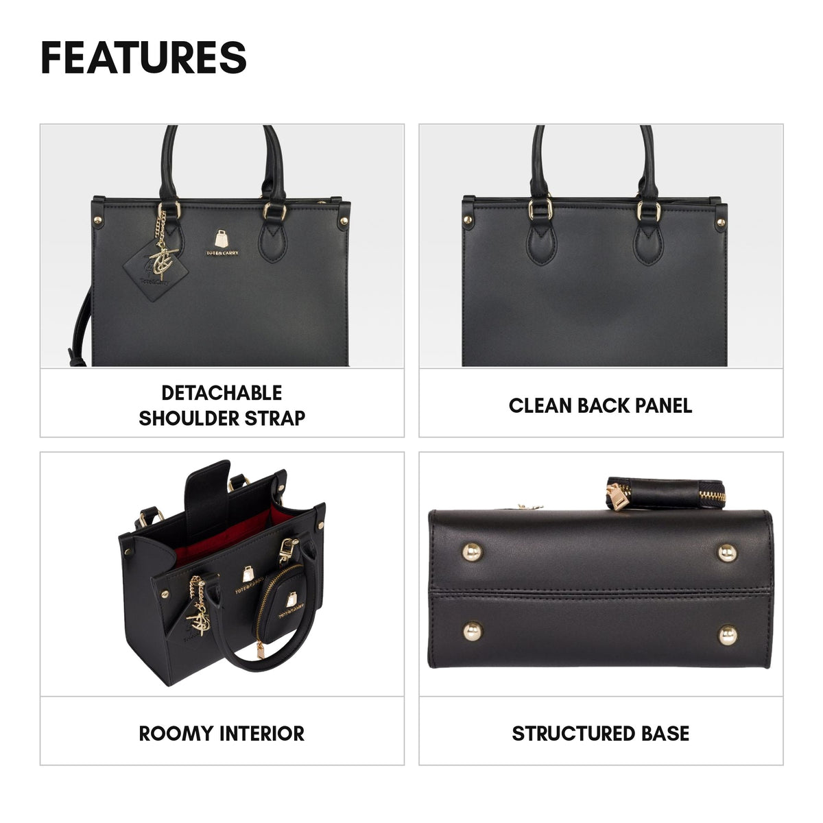 Lisse Mini Tote in Black - features: detachable shoulder strap, clean back panel, roomy interior, structured base