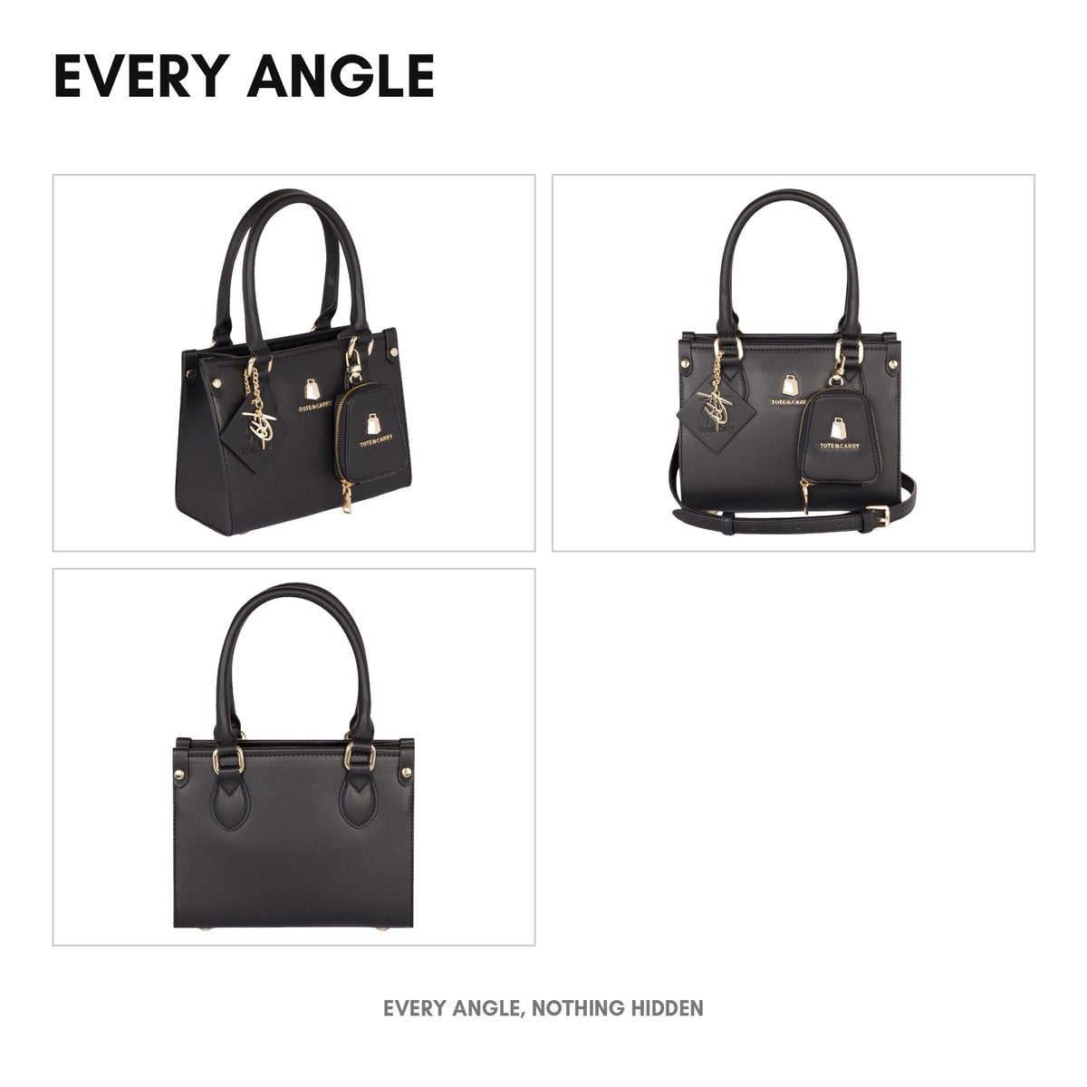 Lisse Mini Tote in Black - every angle: front, side, back and interior