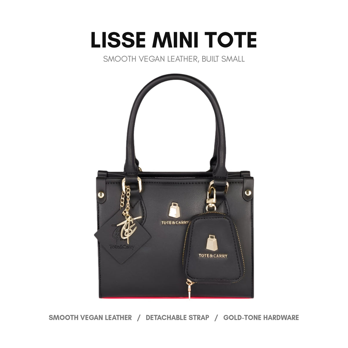 Lisse Mini Tote in Black & Red - smooth vegan leather, built small