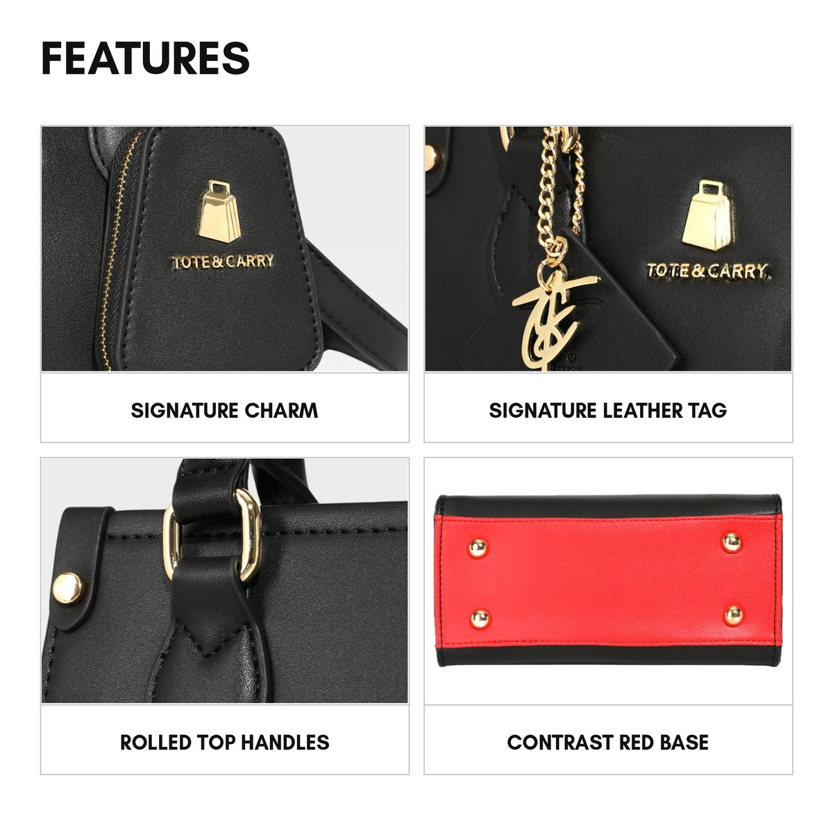 Lisse Mini Tote in Black & Red - features: signature charm, signature leather tag, rolled top handles, contrast red base