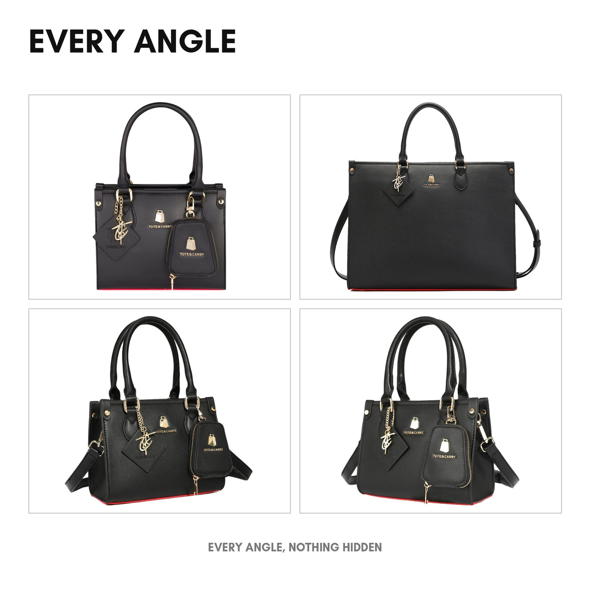 Lisse Mini Tote in Black & Red - every angle: front, side, back and interior