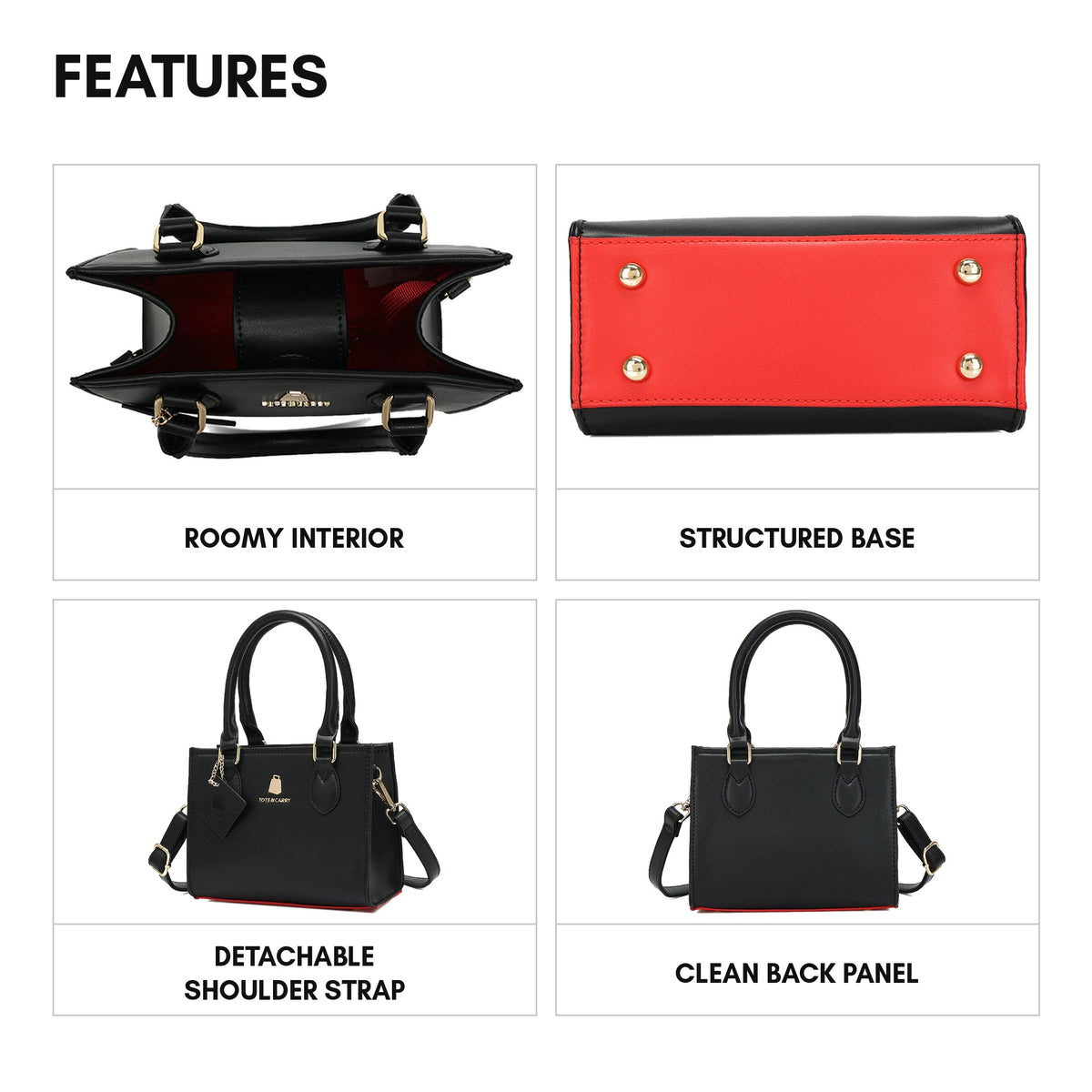 Lisse Mini Tote in Black & Red (TikTok listing) - features: roomy interior, structured base, detachable shoulder strap, clean back panel