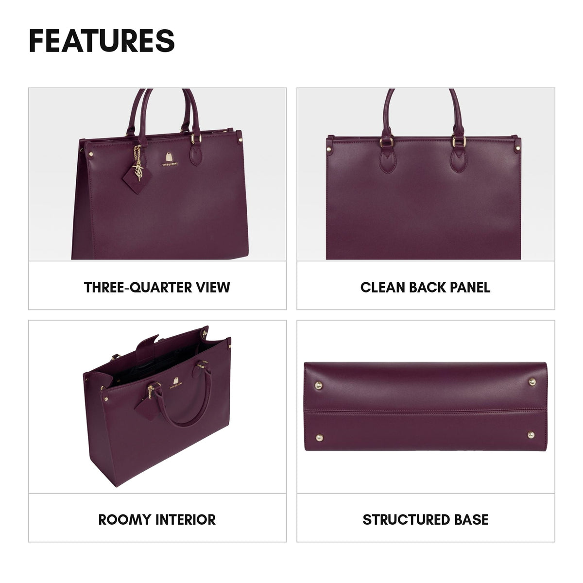 Lisse Mini Tote in Burgundy - features: three-quarter view, clean back panel, roomy interior, structured base