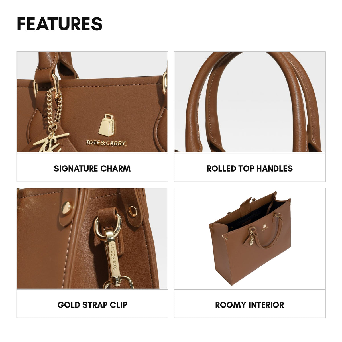 Lisse Mini Tote in Coffee - features: signature charm, rolled top handles, gold strap clip, roomy interior