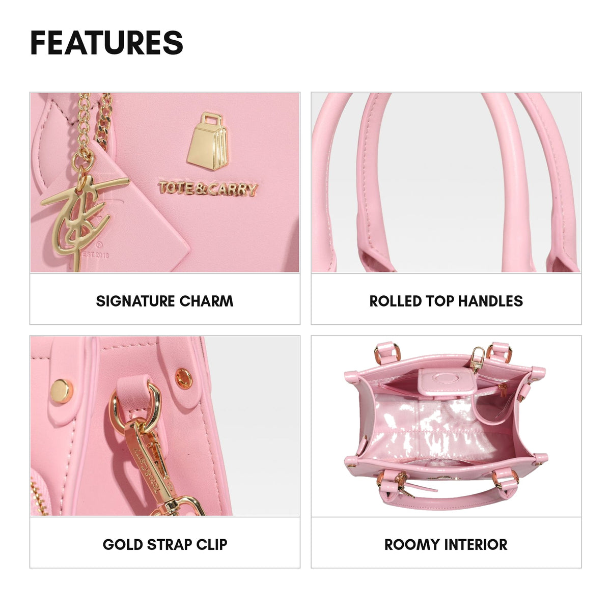 Lisse Mini Tote in Bubble Gum - features: signature charm, rolled top handles, gold strap clip, roomy interior
