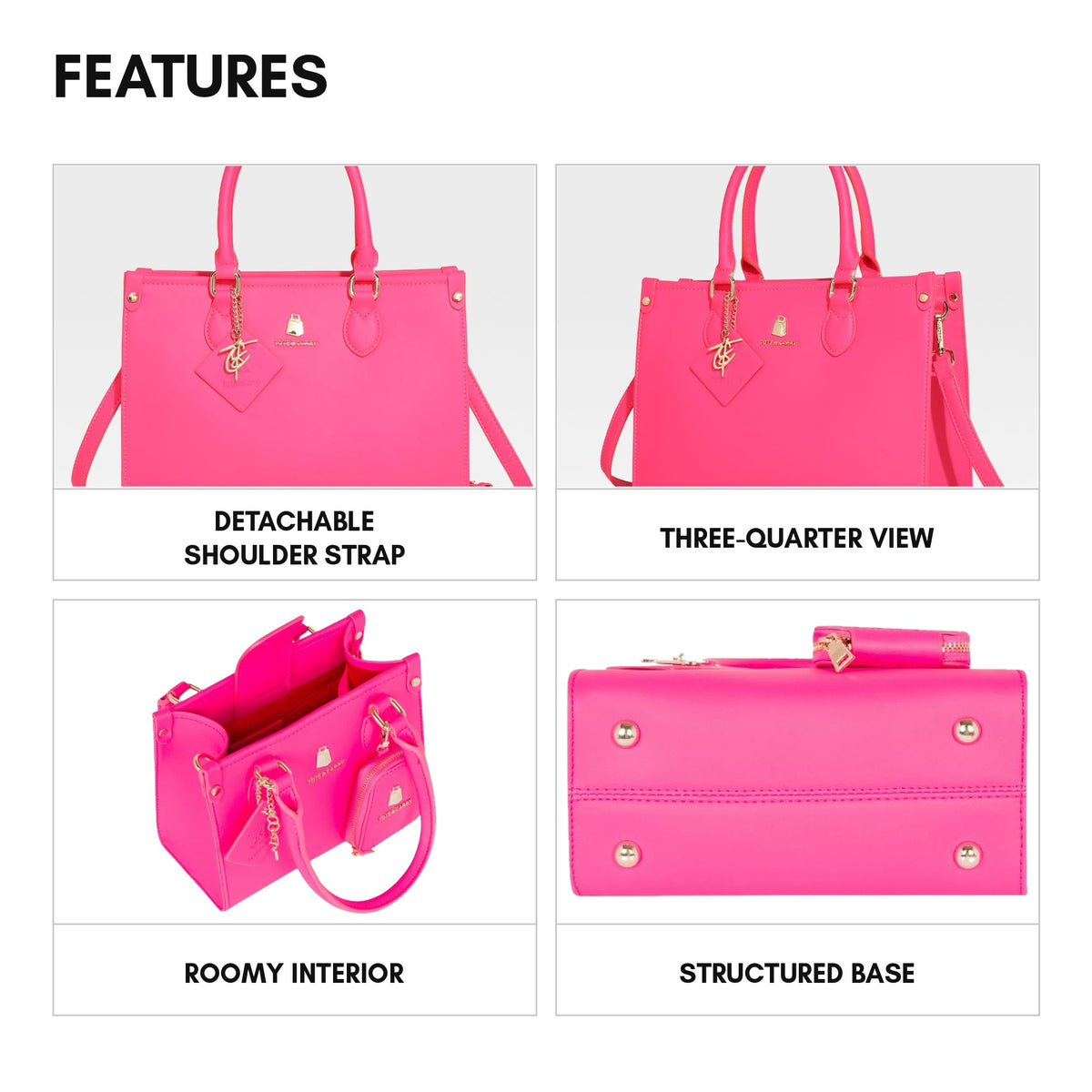 Lisse Mini Tote in Neon Pink - features: detachable shoulder strap, three-quarter view, roomy interior, structured base