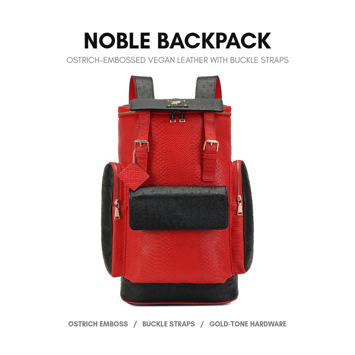 Noble Backpack in Black & Red - premium vegan leather, ostrich-embossed finish, buckle strap closure