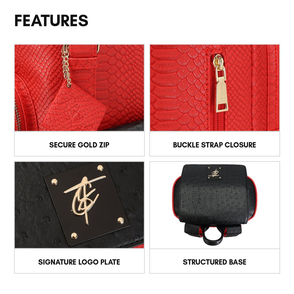 Noble Backpack in Black & Red - features: secure gold zip, buckle strap closure, signature logo plate, structured base