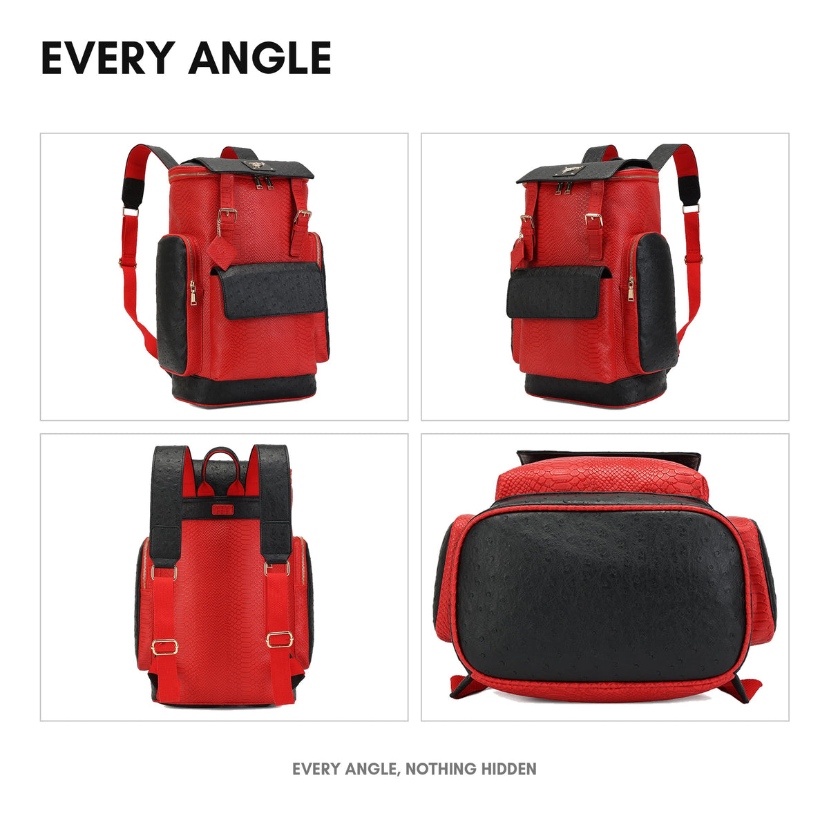 Noble Backpack in Black & Red - every angle: front, side, back and interior