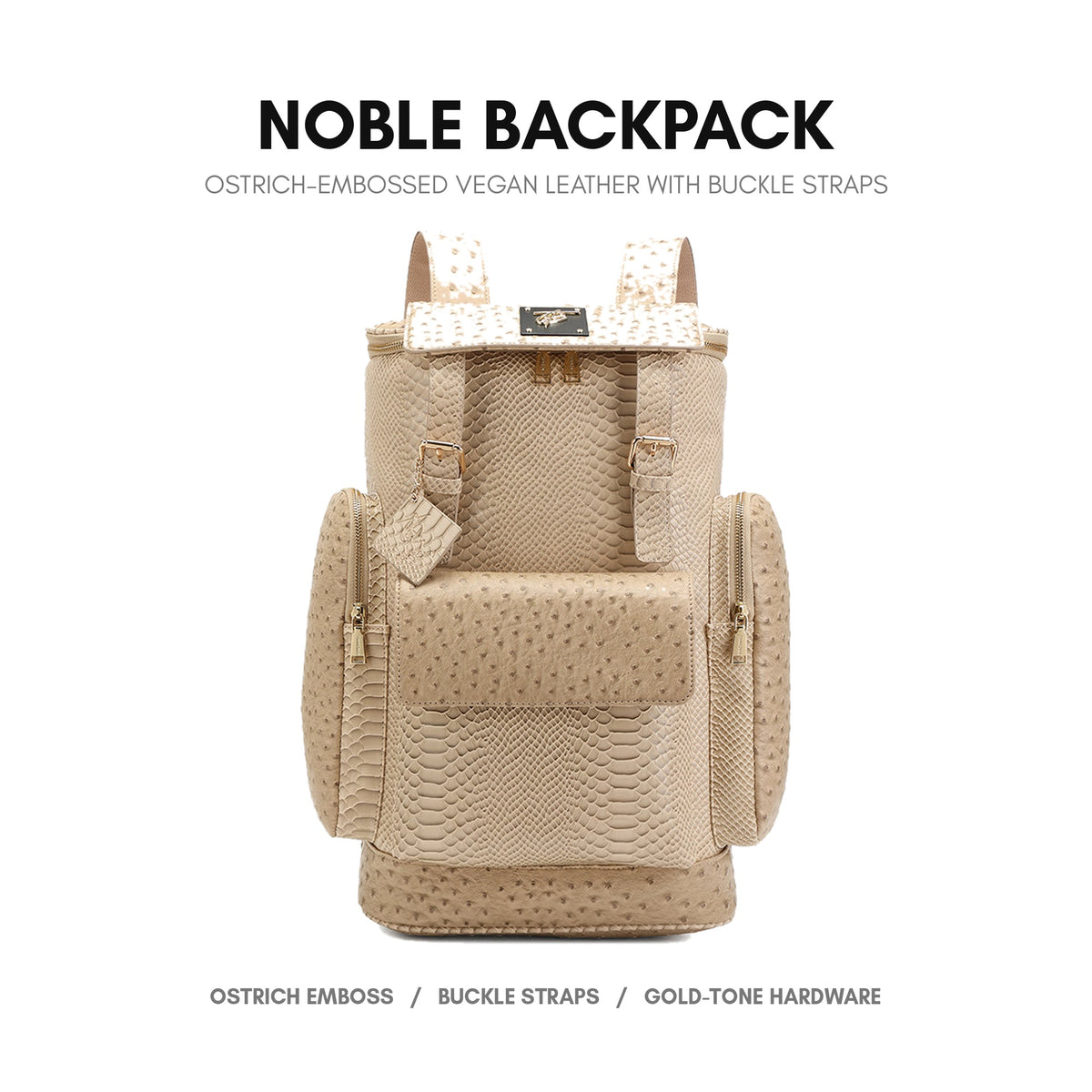 Noble Backpack in Tan Brown - premium vegan leather, ostrich-embossed finish, buckle strap closure