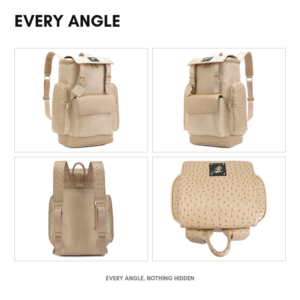 Noble Backpack in Tan Brown - every angle: front, side, back and interior