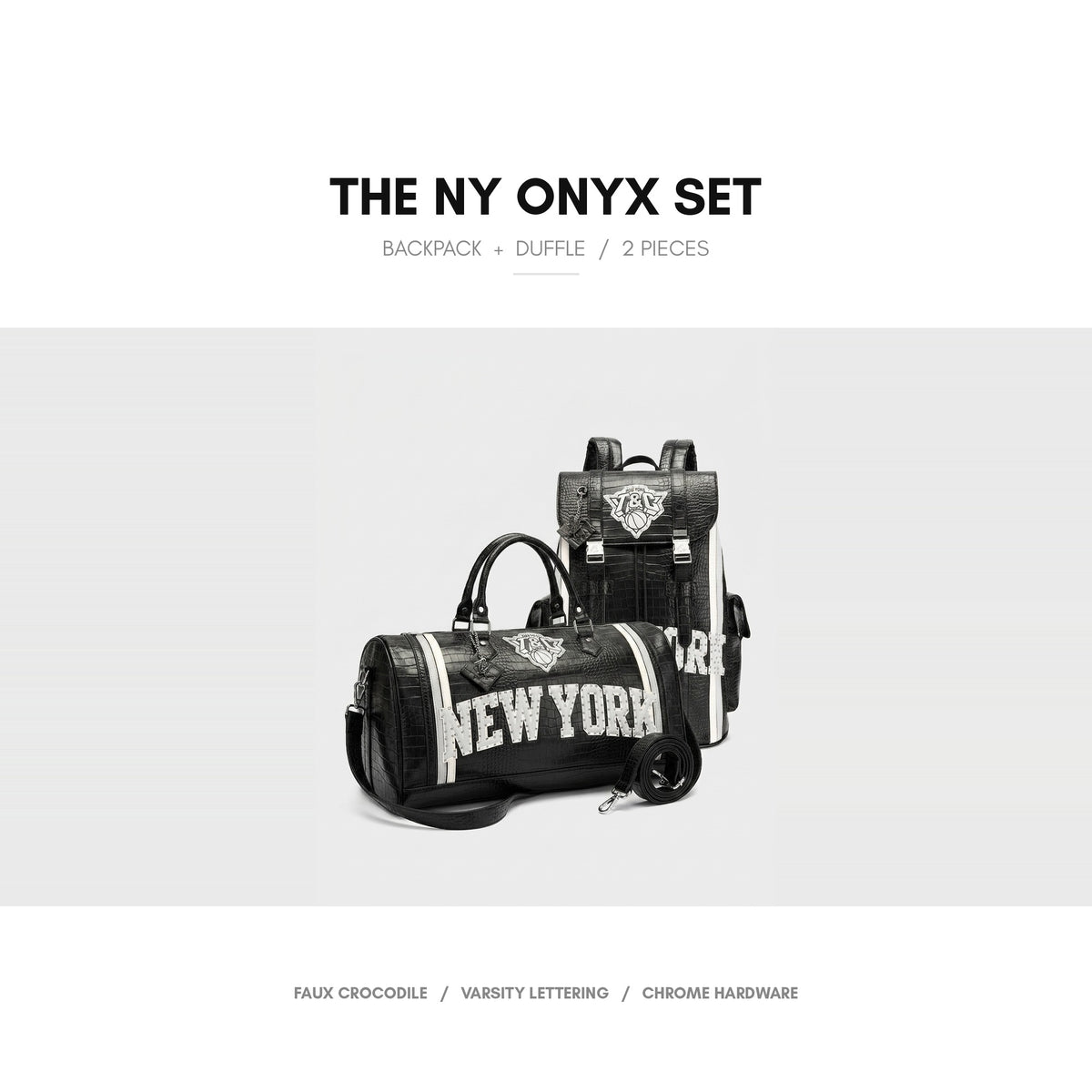 NY Onyx Travel Set in Black — the full 2-piece set, backpack and duffle