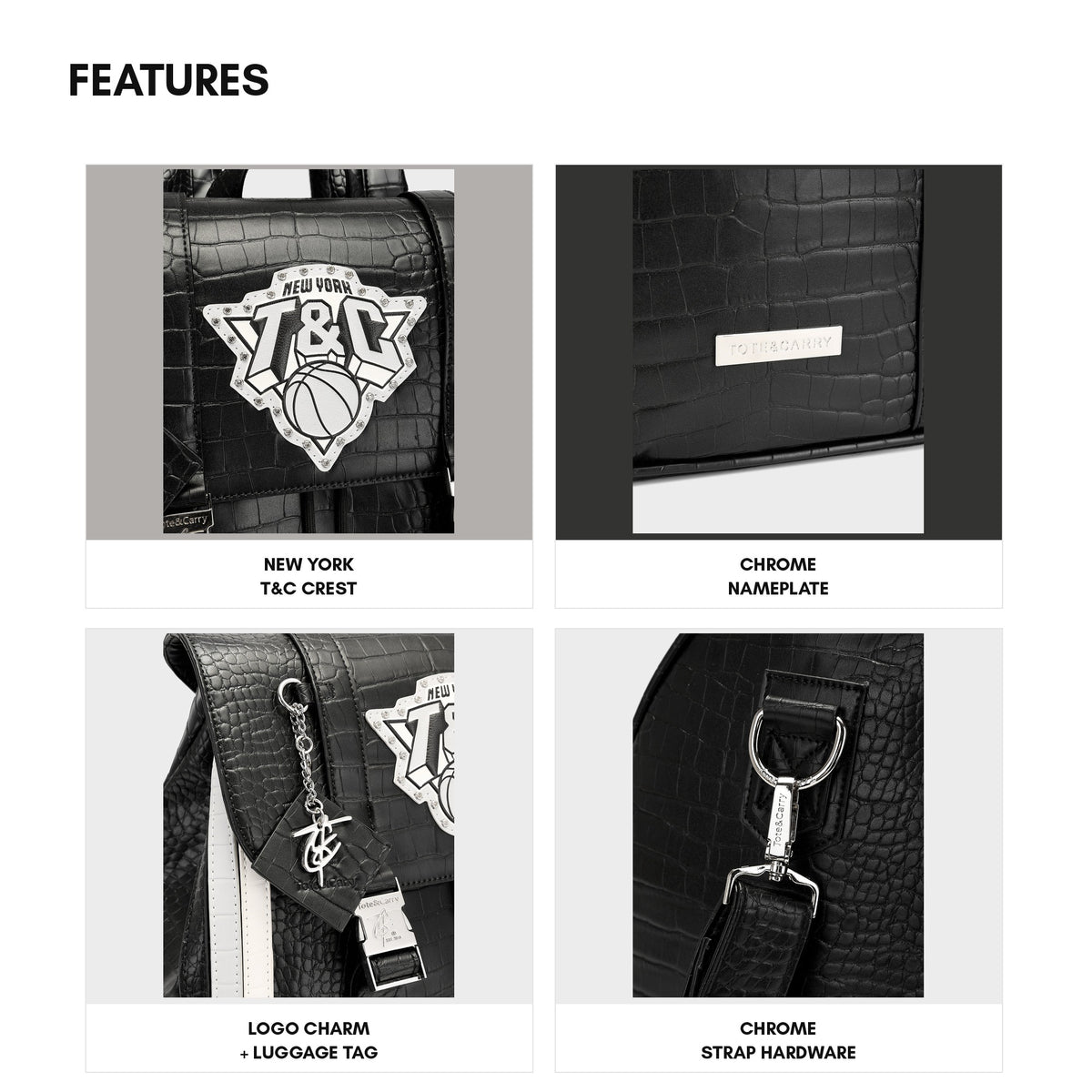 NY Onyx Travel Set in Black — features, New York T&C crest, chrome nameplate, logo charm and strap hardware