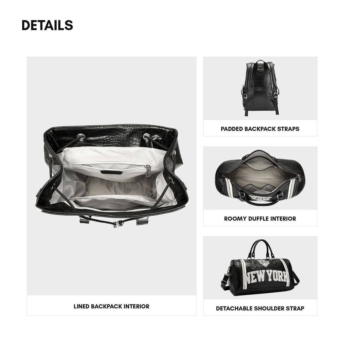 NY Onyx Travel Set in Black — details, lined interior, padded straps and detachable shoulder strap
