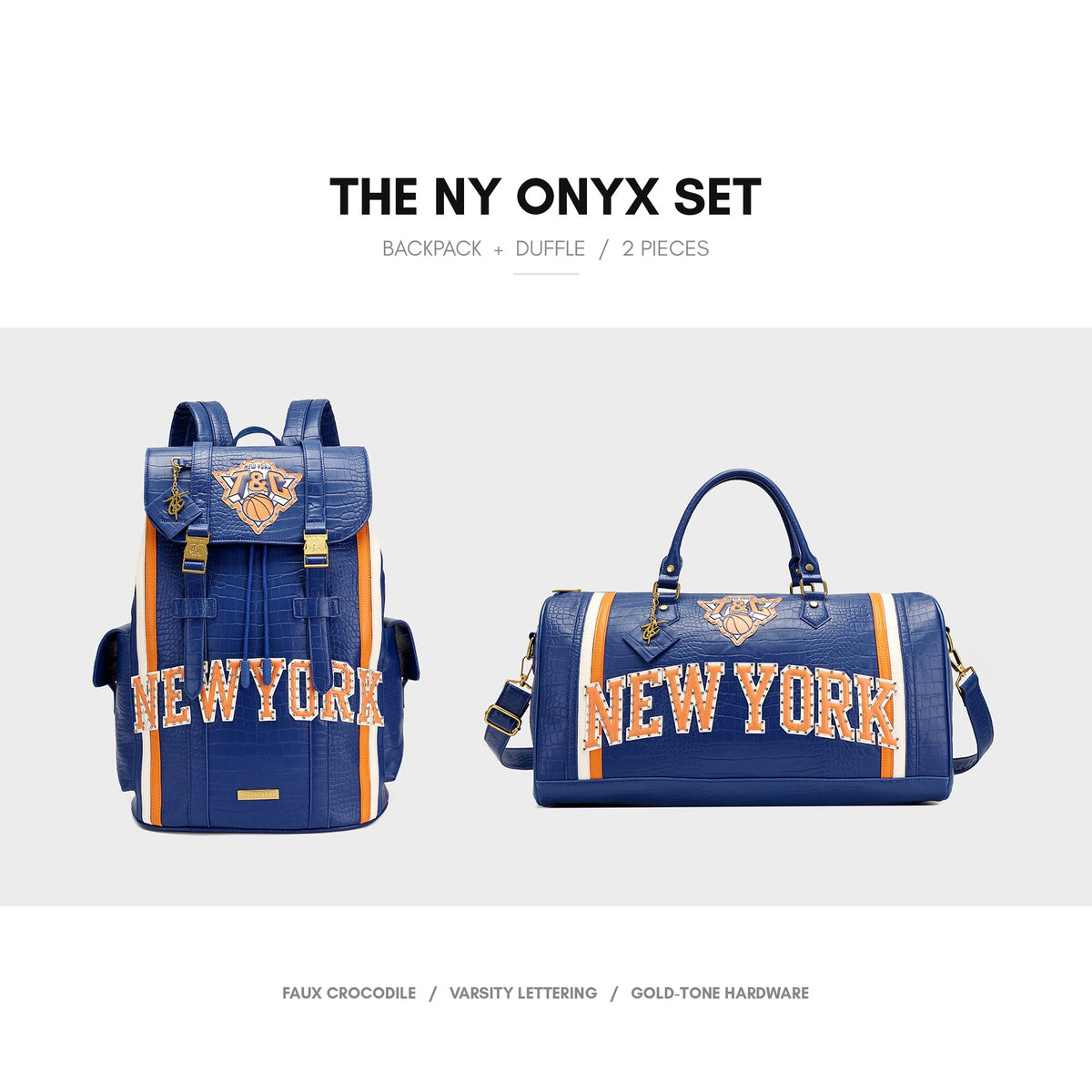 NY Onyx Travel Set in Blue & Orange — the full 2-piece set, backpack and duffle