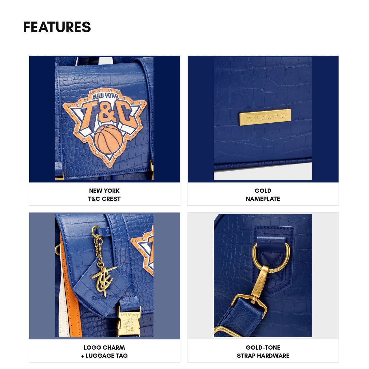 NY Onyx Travel Set in Blue & Orange — features, New York T&C crest, gold nameplate, logo charm and strap hardware