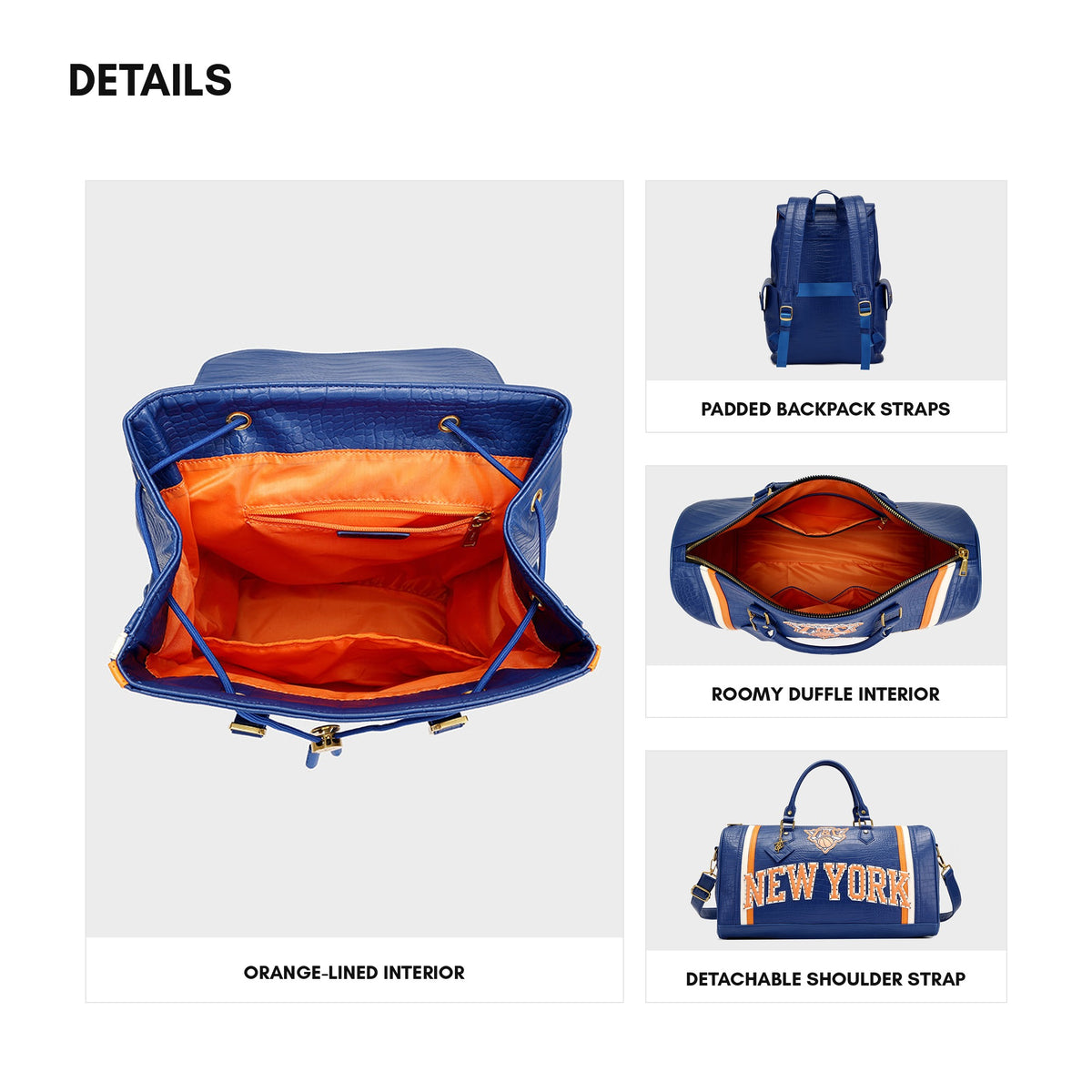 NY Onyx Travel Set in Blue & Orange — details, orange-lined interior, padded straps and detachable shoulder strap