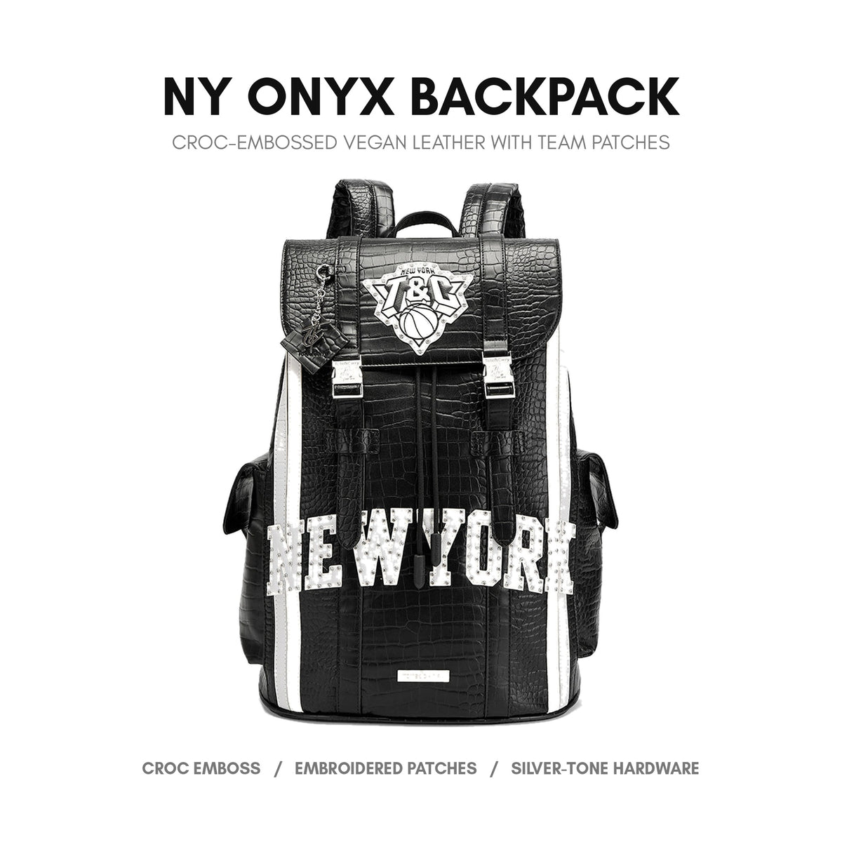 NY Onyx Backpack in Black - premium vegan leather, deep crocodile emboss, embroidered team patches
